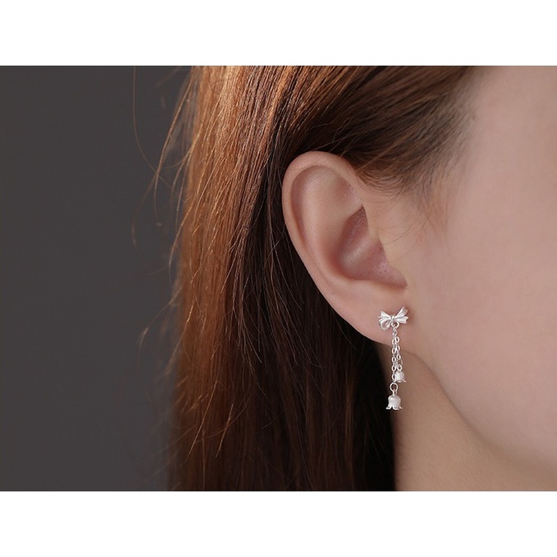 S999 Silver Lily of the Valley Bow Butterfly Stud Earrings for Women clean product image 3