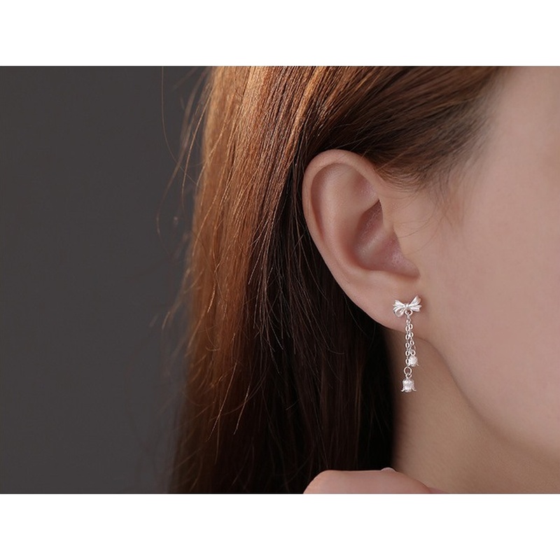 S999 Silver Lily of the Valley Bow Butterfly Stud Earrings for Women clean product image 4
