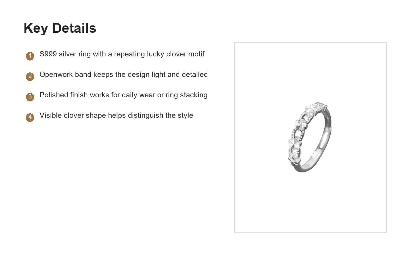 S999 Silver Lucky Clover Openwork Ring for Women detail image
