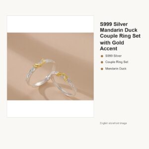 S999 Silver Mandarin Duck Couple Ring Set with Gold Accent gallery image 1