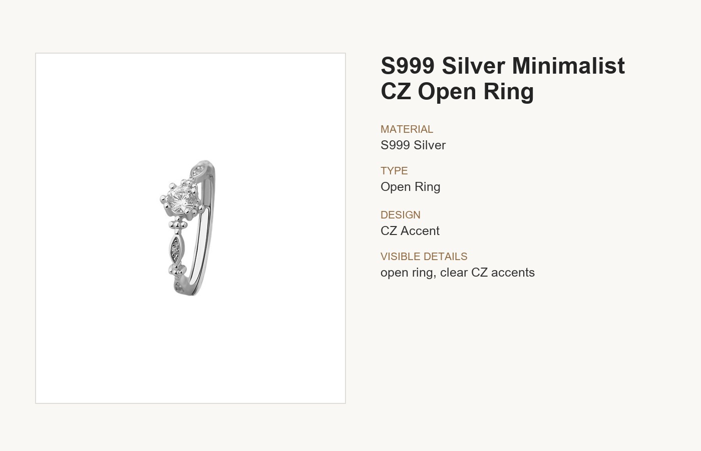 S999 Silver Minimalist CZ Open Ring for Women detail image