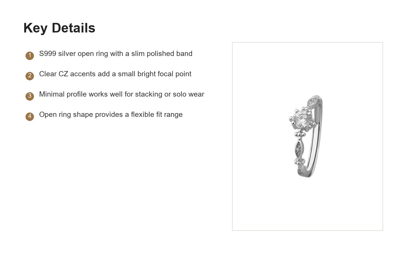 S999 Silver Minimalist CZ Open Ring for Women detail image