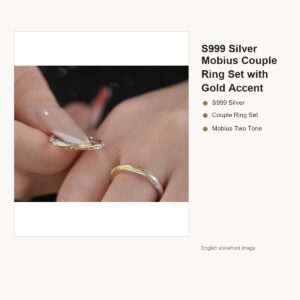 S999 Silver Mobius Couple Ring Set with Gold Accent gallery image 1