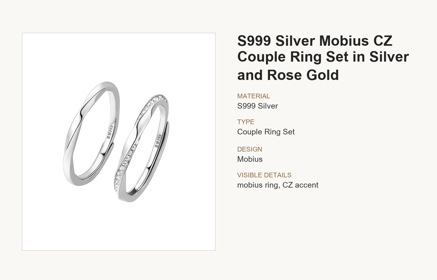 S999 Silver Mobius CZ Couple Ring Set in Silver and Rose Gold detail image