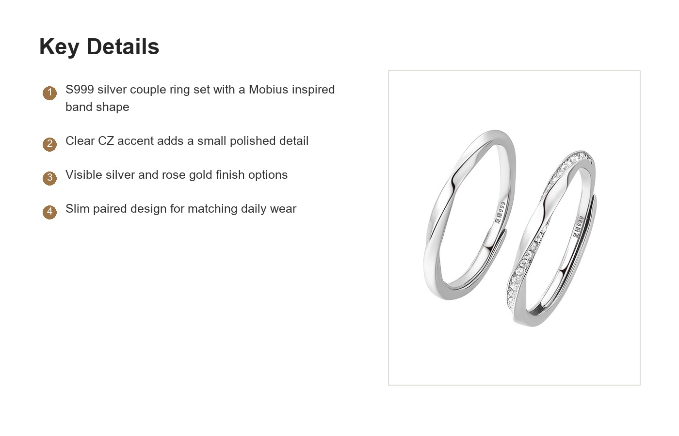 S999 Silver Mobius CZ Couple Ring Set in Silver and Rose Gold detail image