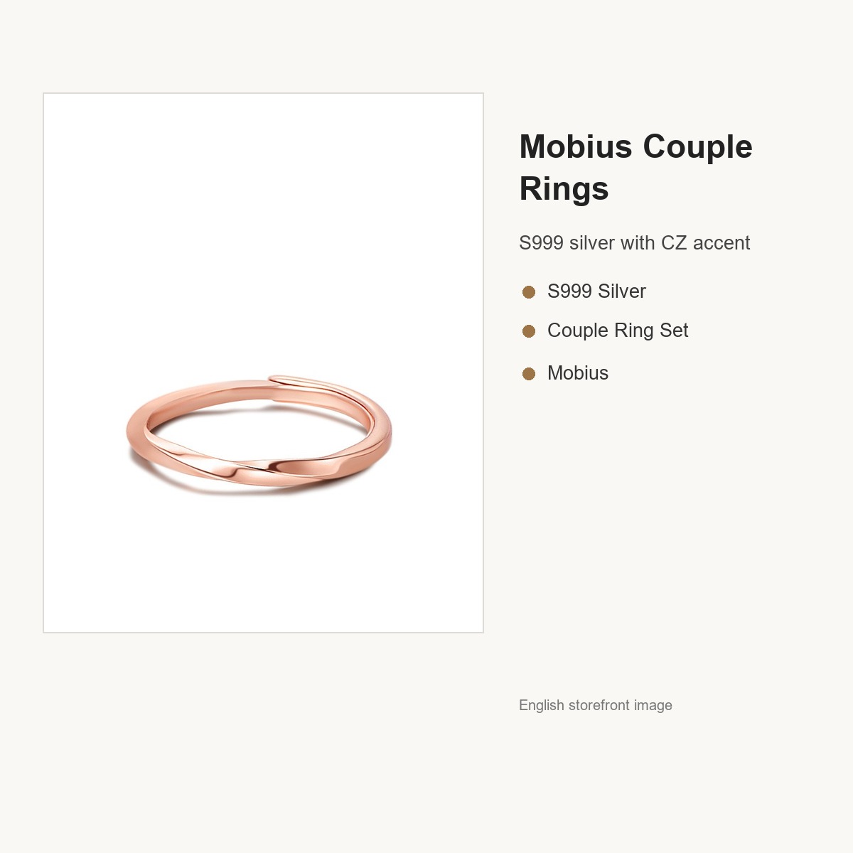 S999 Silver Mobius CZ Couple Ring Set in Silver and Rose Gold English replacement gallery image 3