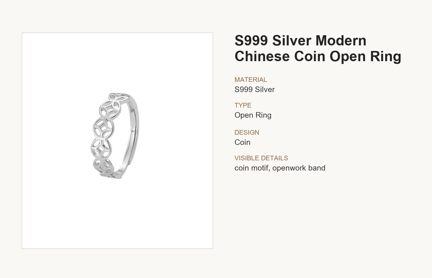 S999 Silver Modern Chinese Coin Open Ring for Women detail image