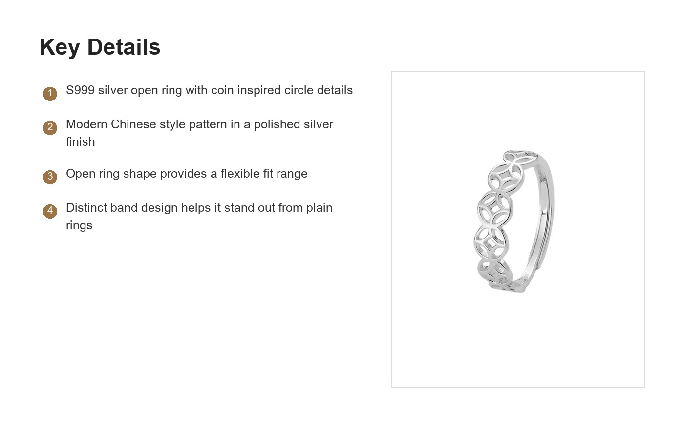 S999 Silver Modern Chinese Coin Open Ring for Women detail image