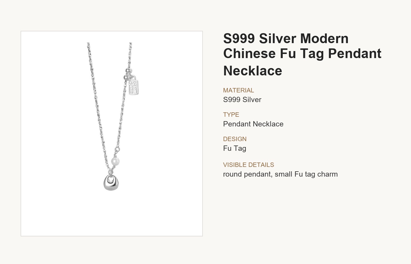 S999 Silver Modern Chinese Fu Tag Pendant Necklace for Women detail image