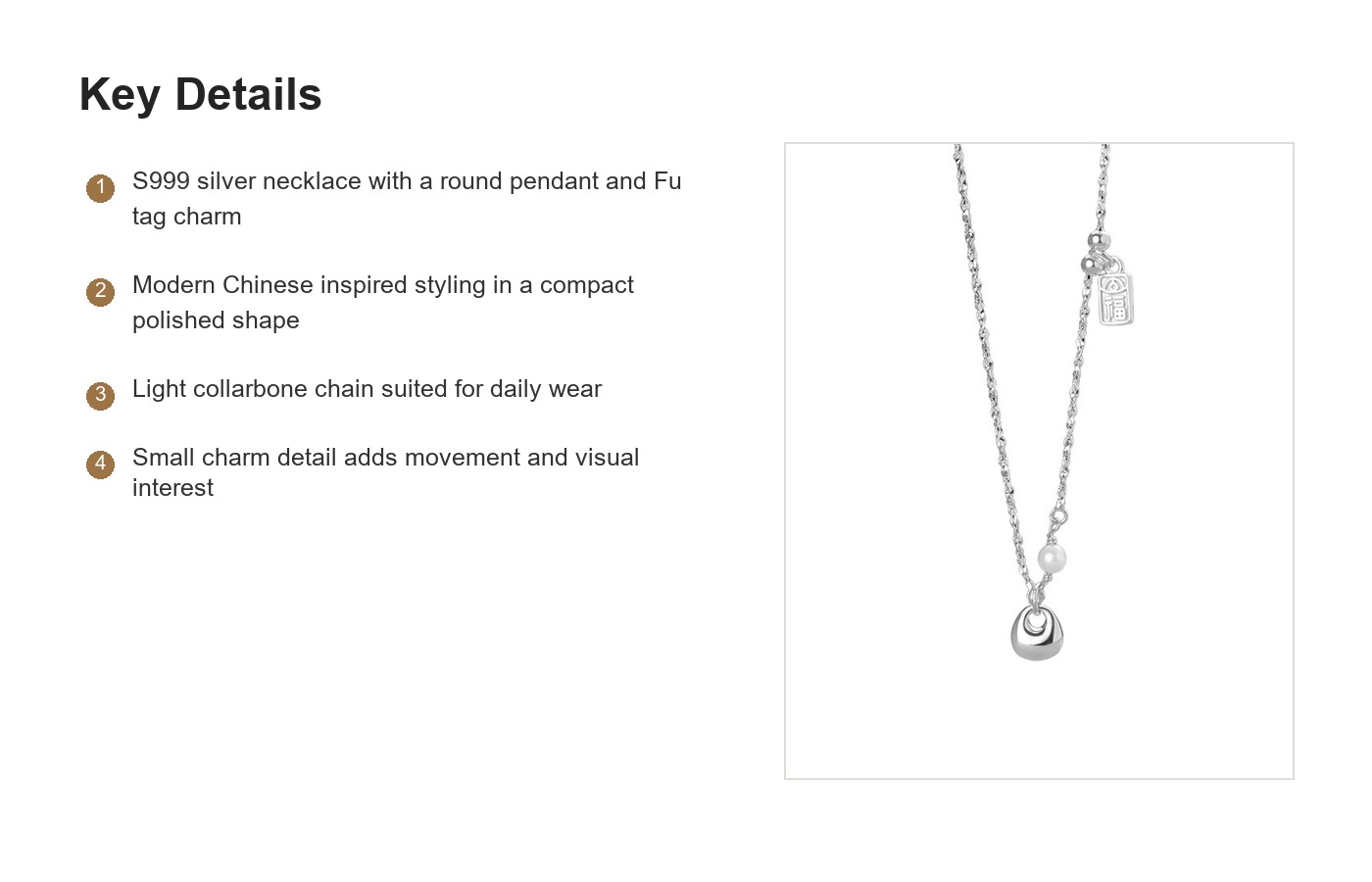 S999 Silver Modern Chinese Fu Tag Pendant Necklace for Women detail image