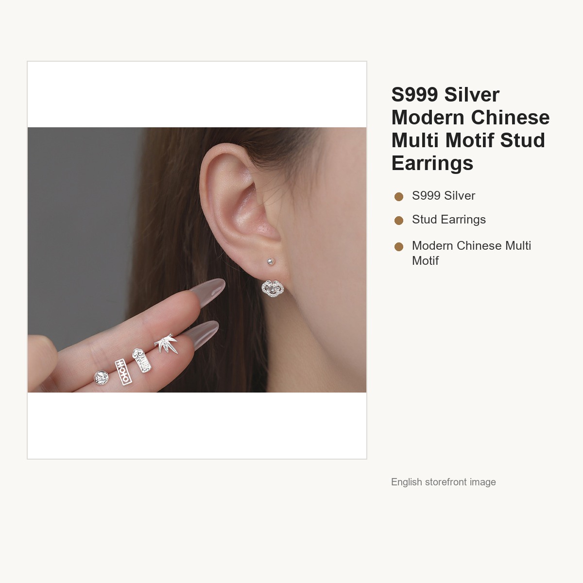 S999 Silver Modern Chinese Multi Motif Stud Earrings gallery image 4