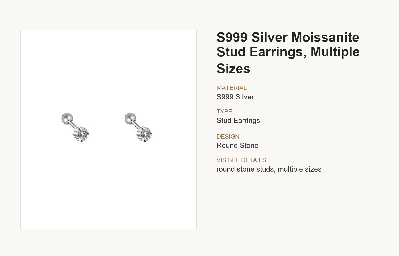 S999 Silver Moissanite Stud Earrings for Women, Multiple Sizes detail image