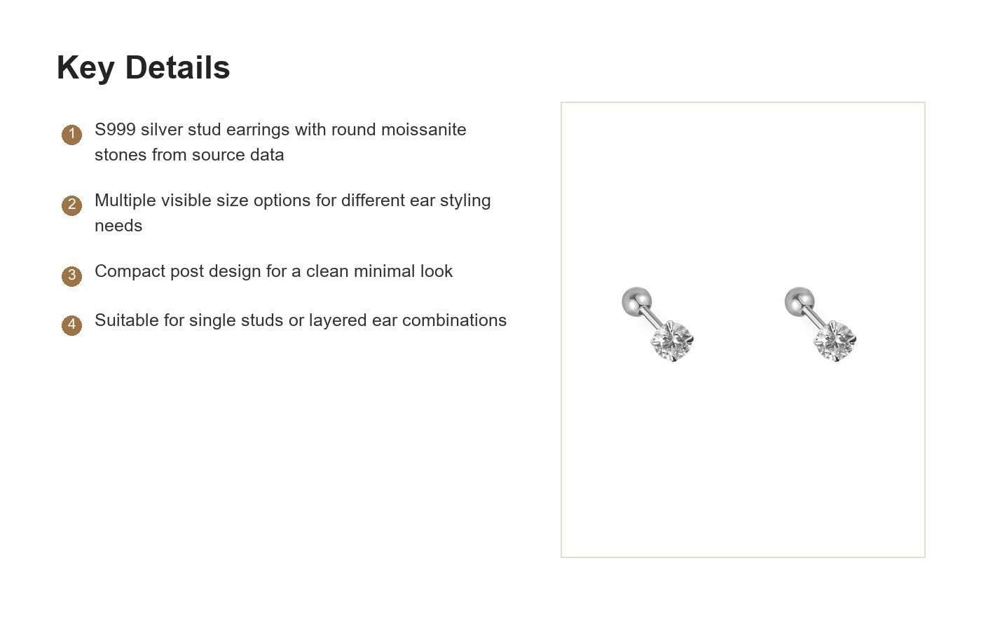 S999 Silver Moissanite Stud Earrings for Women, Multiple Sizes detail image