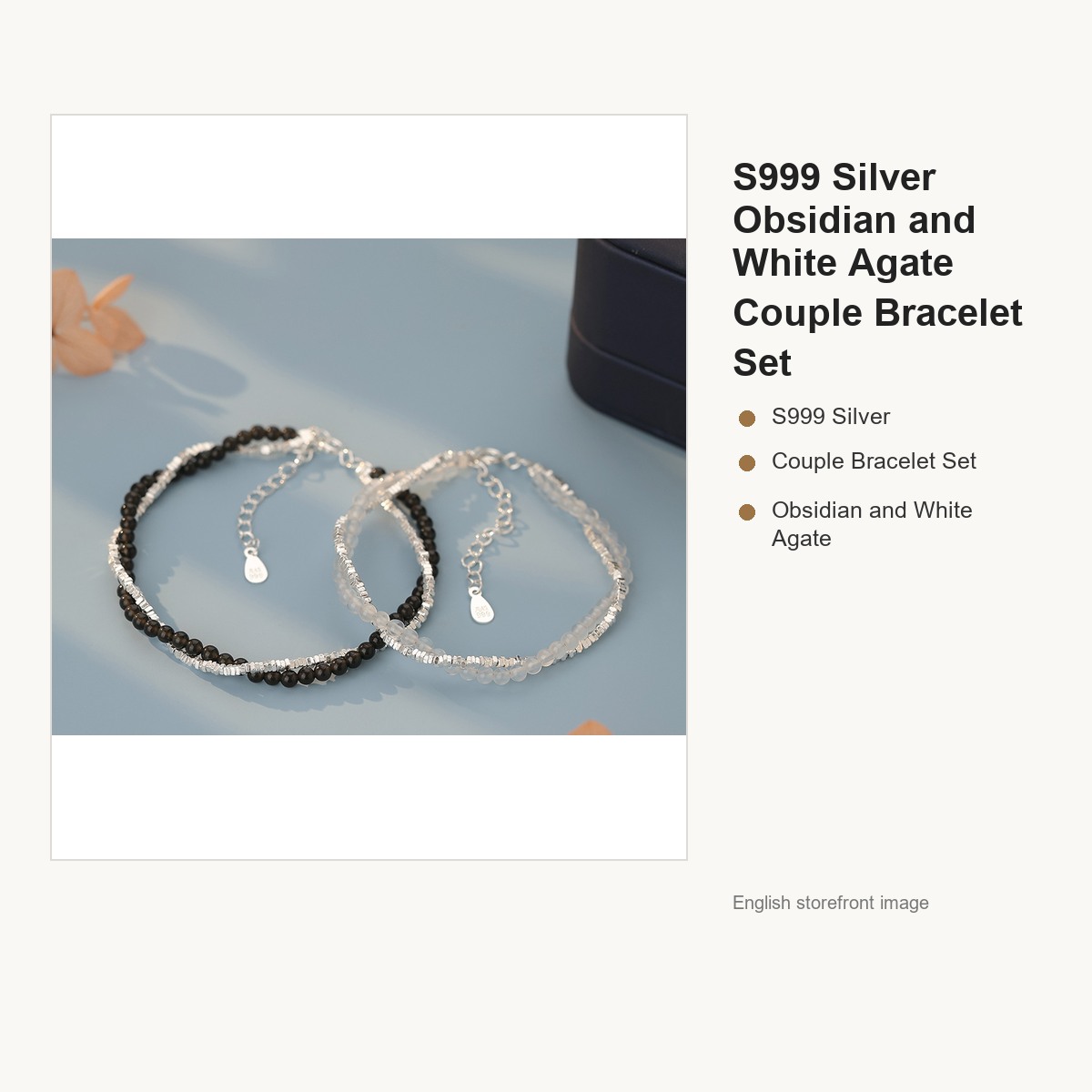 S999 Silver Obsidian and White Agate Couple Bracelet Set gallery image 1