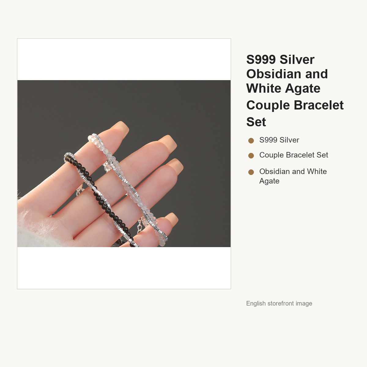 S999 Silver Obsidian and White Agate Couple Bracelet Set gallery image 2