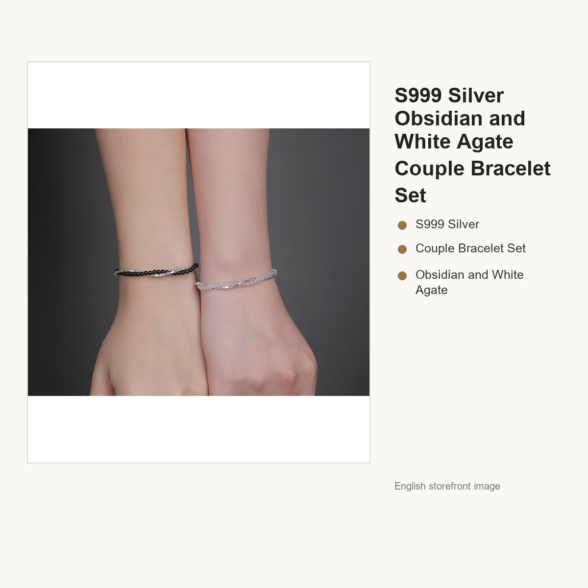S999 Silver Obsidian and White Agate Couple Bracelet Set gallery image 3