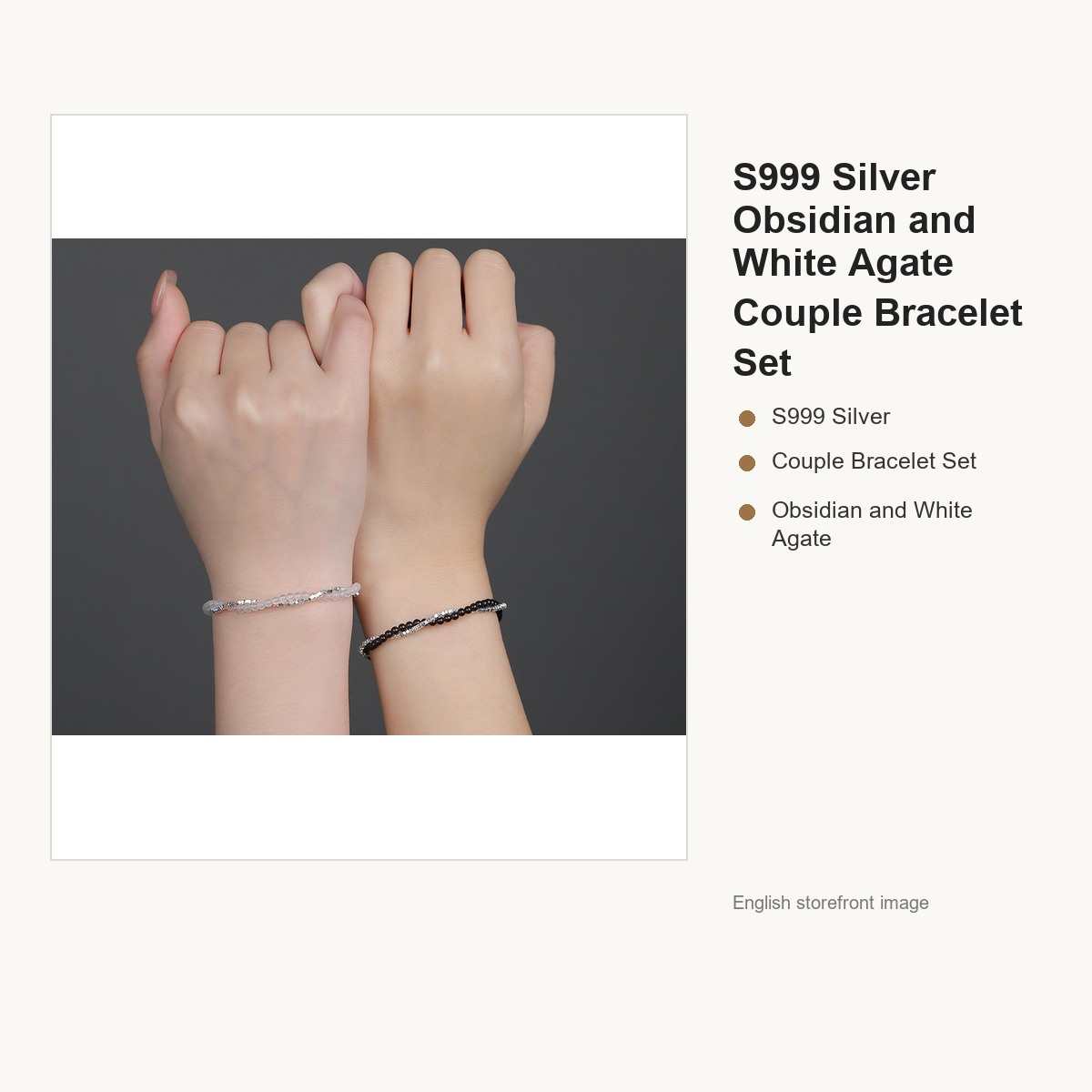S999 Silver Obsidian and White Agate Couple Bracelet Set gallery image 4