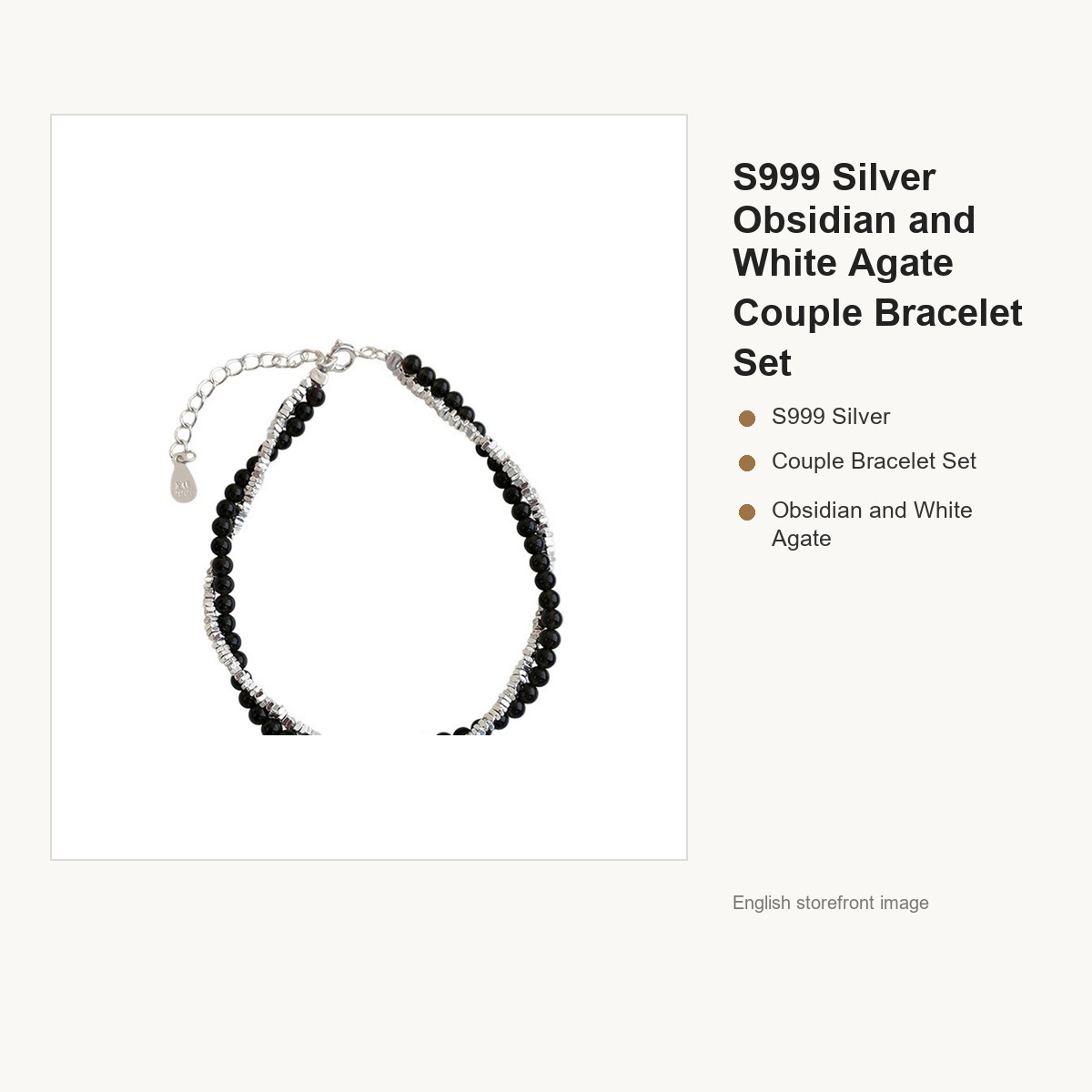 S999 Silver Obsidian and White Agate Couple Bracelet Set gallery image 5