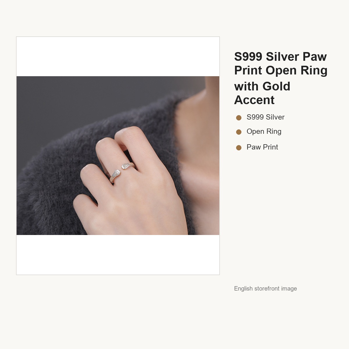 S999 Silver Paw Print Open Ring with Gold Accent gallery image 3