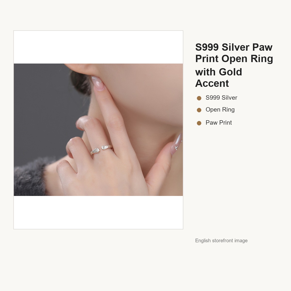 S999 Silver Paw Print Open Ring with Gold Accent gallery image 4