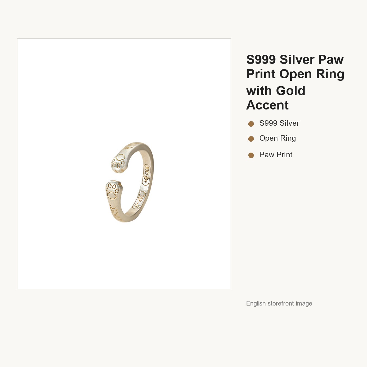 S999 Silver Paw Print Open Ring with Gold Accent gallery image 5