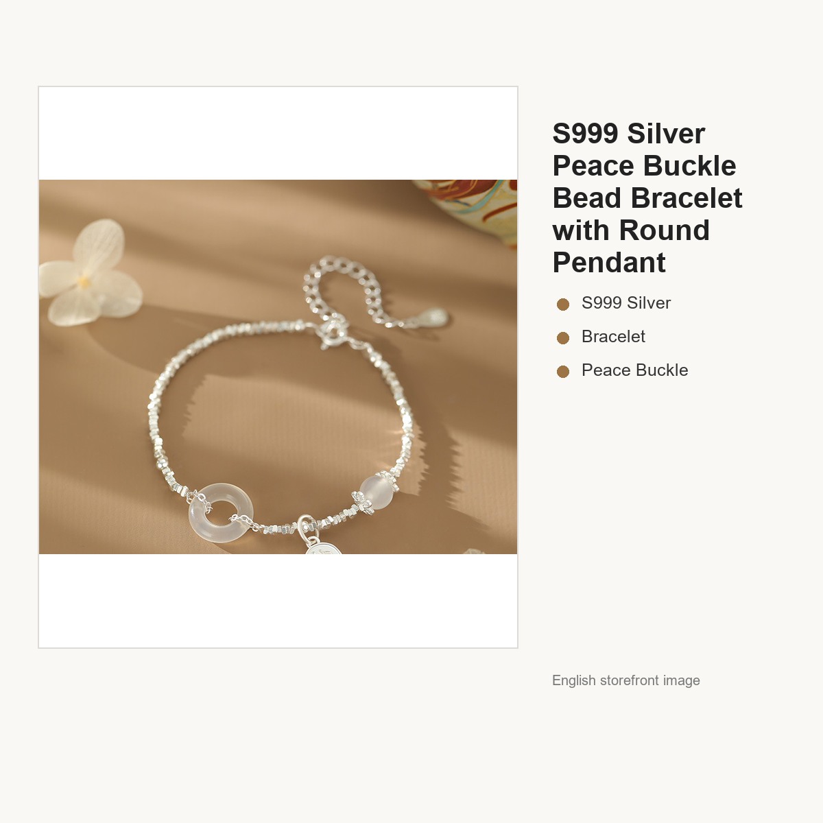 S999 Silver Peace Buckle Bead Bracelet with Round Pendant gallery image 1