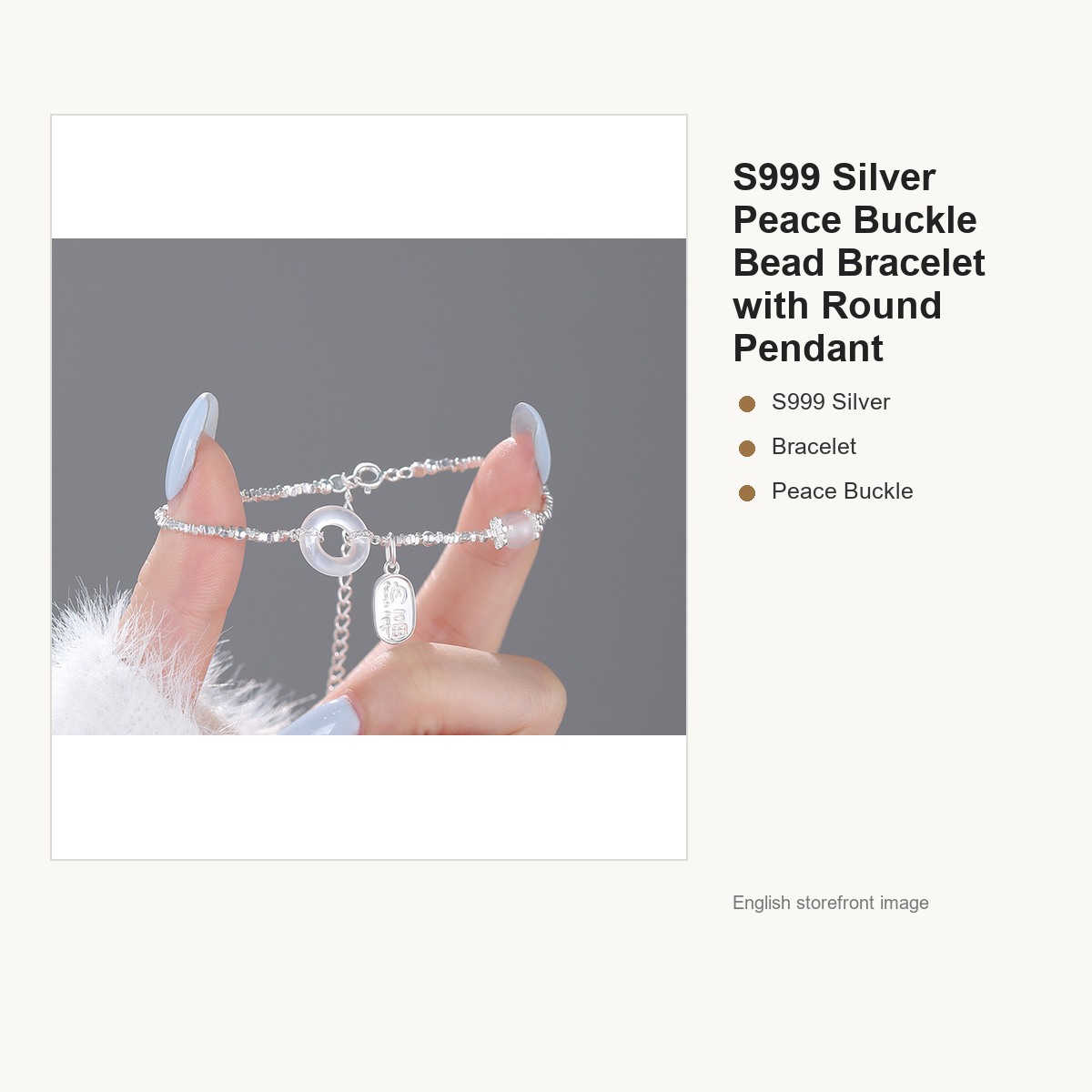 S999 Silver Peace Buckle Bead Bracelet with Round Pendant gallery image 2