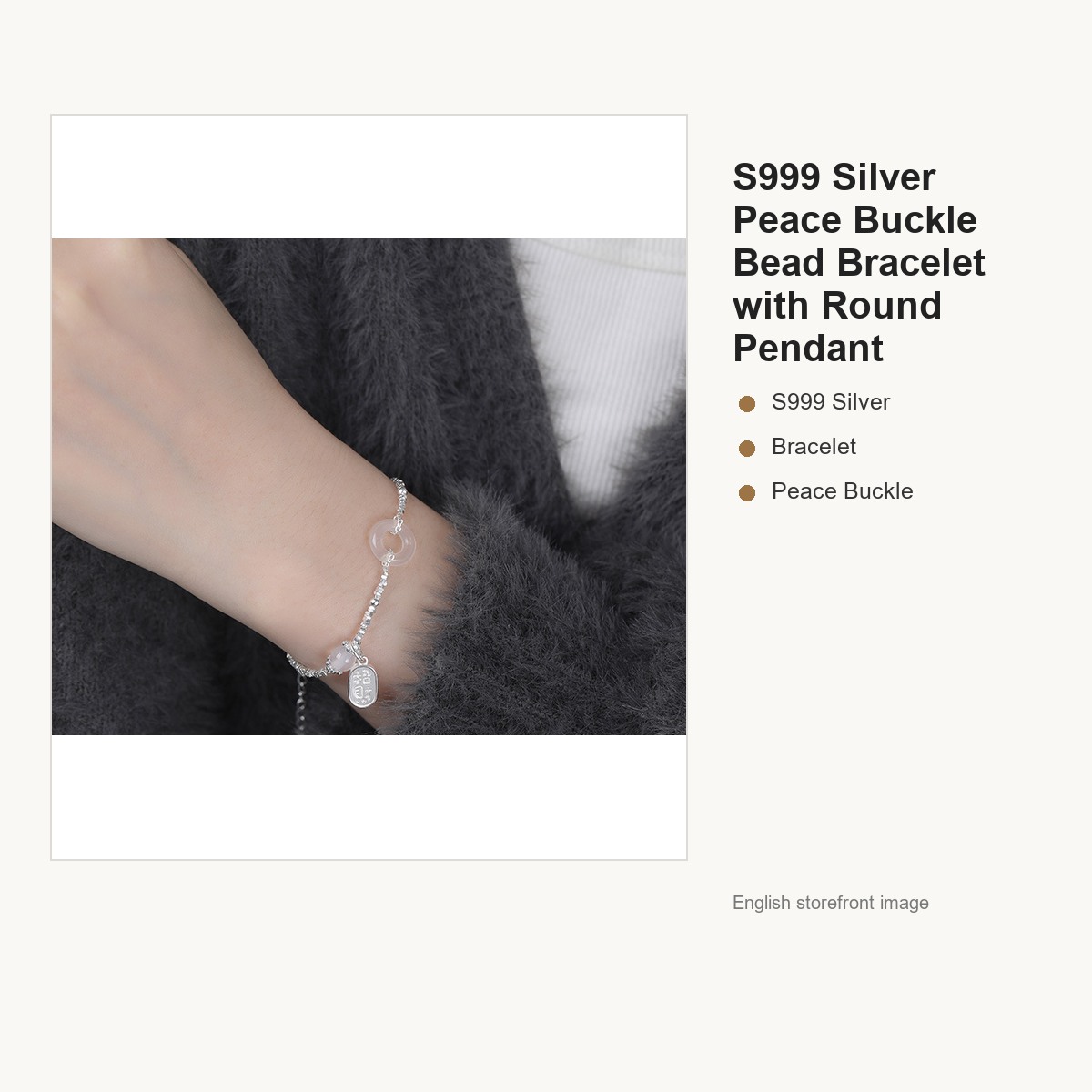 S999 Silver Peace Buckle Bead Bracelet with Round Pendant gallery image 3