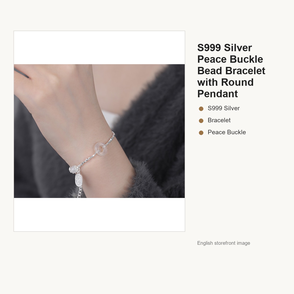 S999 Silver Peace Buckle Bead Bracelet with Round Pendant gallery image 4