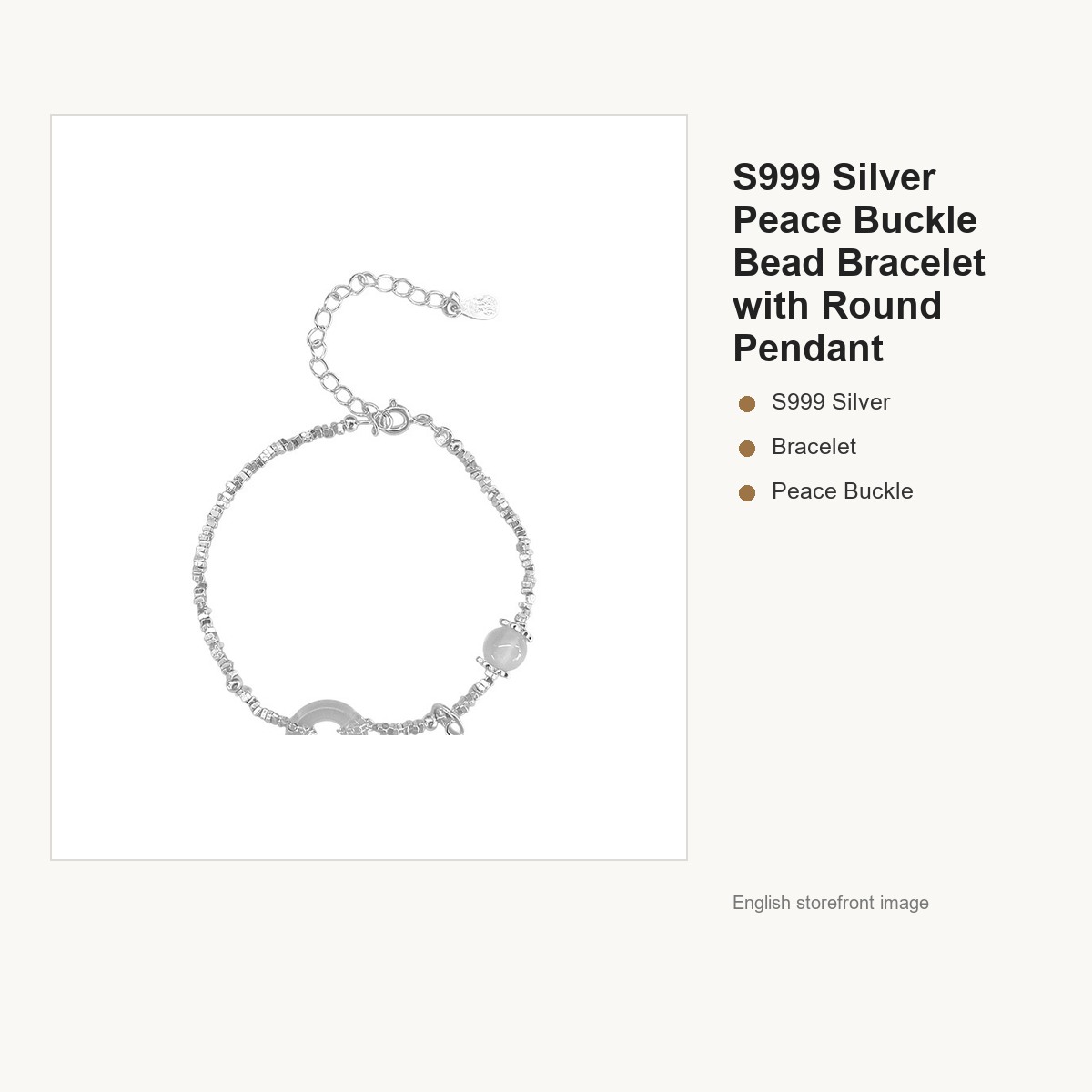 S999 Silver Peace Buckle Bead Bracelet with Round Pendant gallery image 5