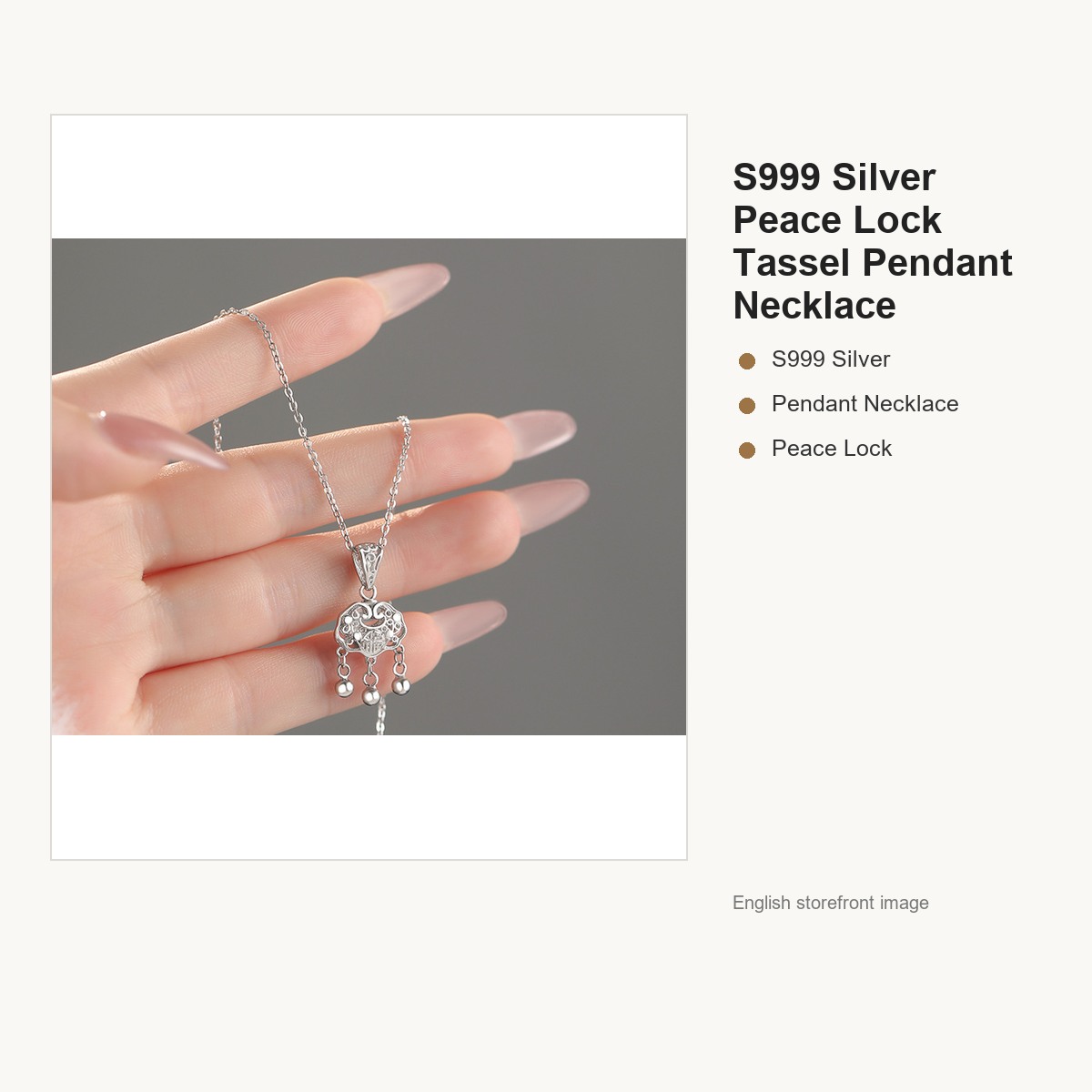 S999 Silver Peace Lock Tassel Pendant Necklace for Women gallery image 2