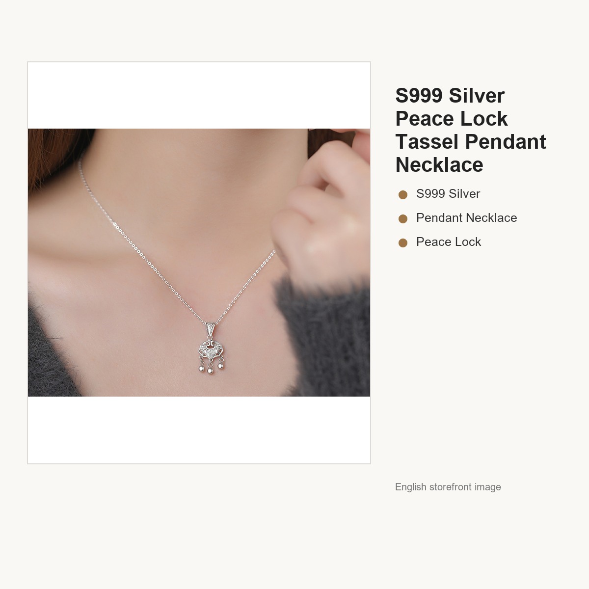 S999 Silver Peace Lock Tassel Pendant Necklace for Women gallery image 3