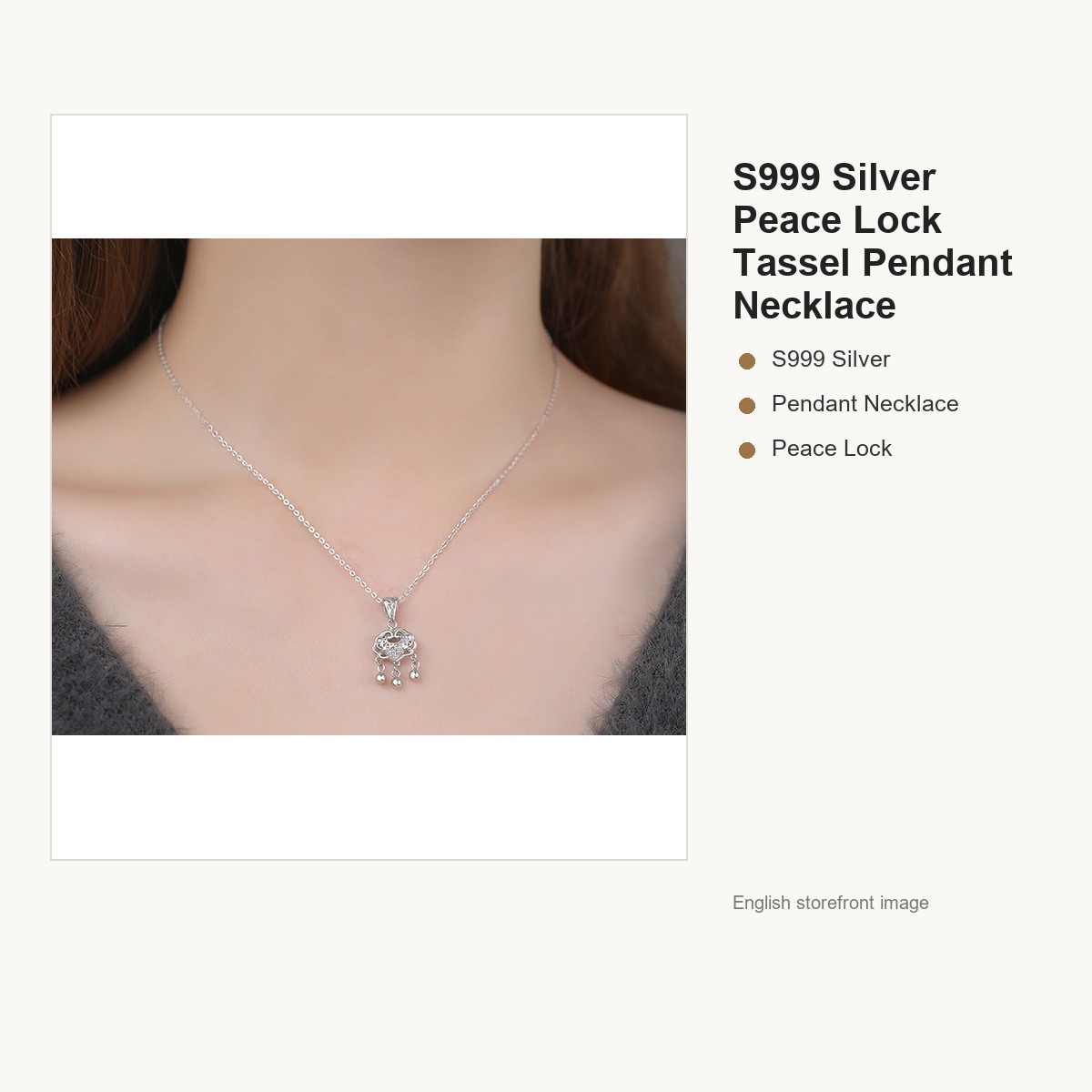 S999 Silver Peace Lock Tassel Pendant Necklace for Women gallery image 4