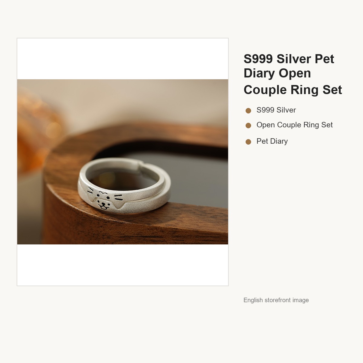 S999 Silver Pet Diary Open Couple Ring Set gallery image 2
