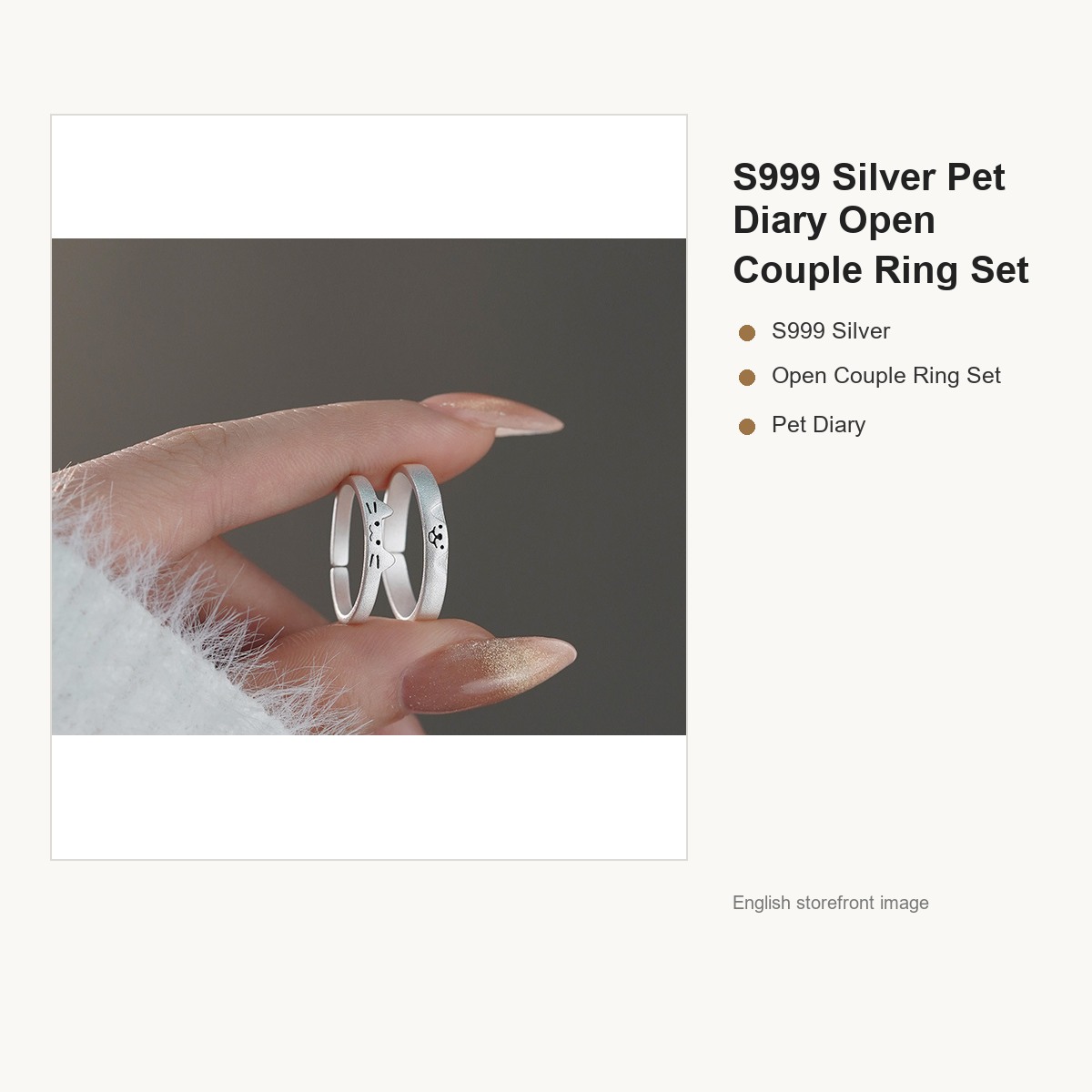 S999 Silver Pet Diary Open Couple Ring Set gallery image 3