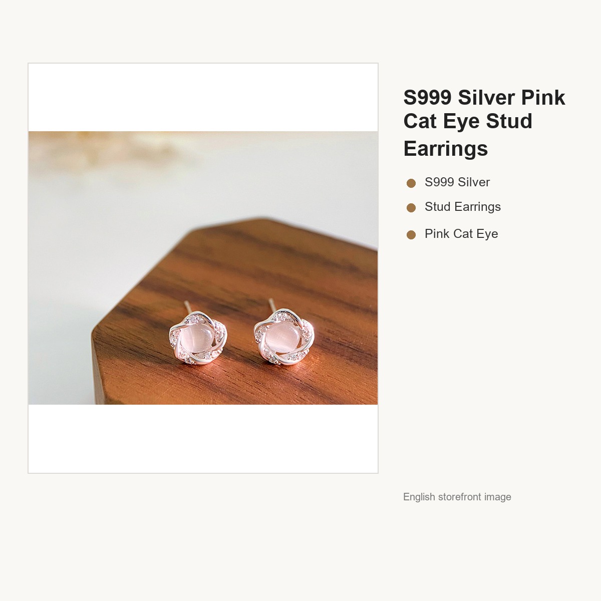 S999 Silver Pink Cat Eye Stud Earrings for Women gallery image 1