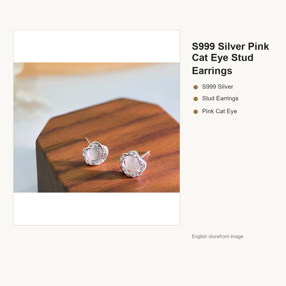 S999 Silver Pink Cat Eye Stud Earrings for Women gallery image 2