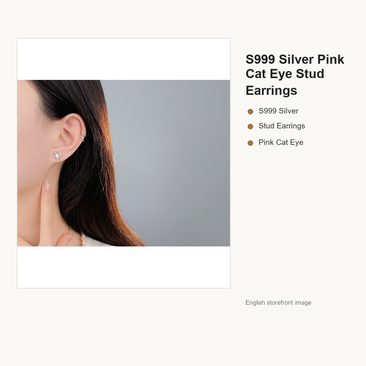 S999 Silver Pink Cat Eye Stud Earrings for Women gallery image 3