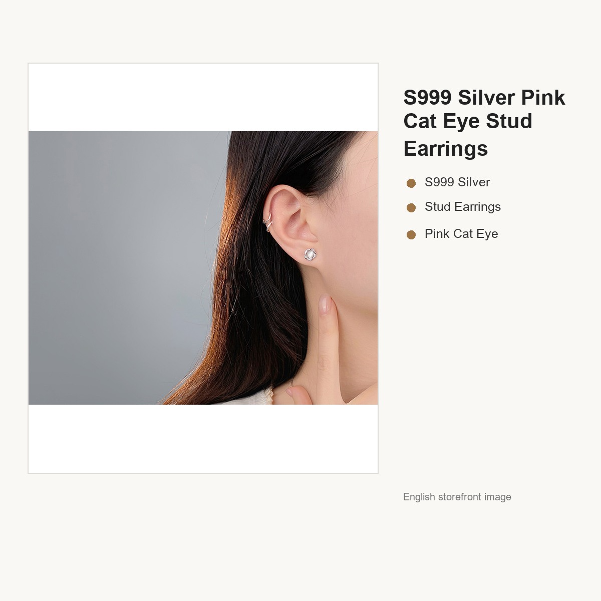 S999 Silver Pink Cat Eye Stud Earrings for Women gallery image 4