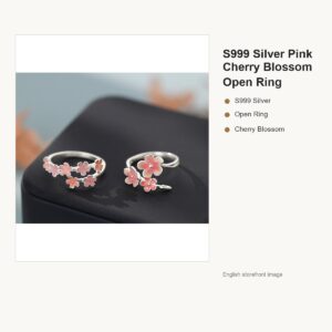 S999 Silver Pink Cherry Blossom Open Ring for Women gallery image 1