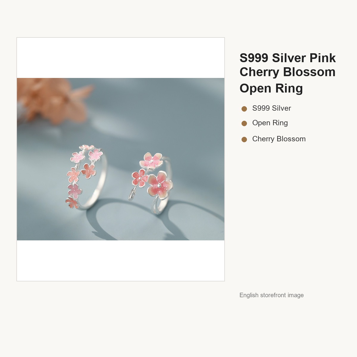 S999 Silver Pink Cherry Blossom Open Ring for Women gallery image 2