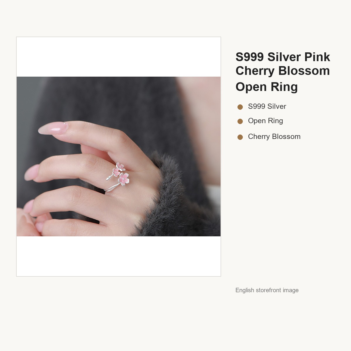 S999 Silver Pink Cherry Blossom Open Ring for Women gallery image 3