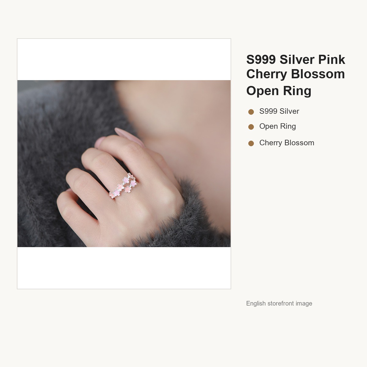 S999 Silver Pink Cherry Blossom Open Ring for Women gallery image 4
