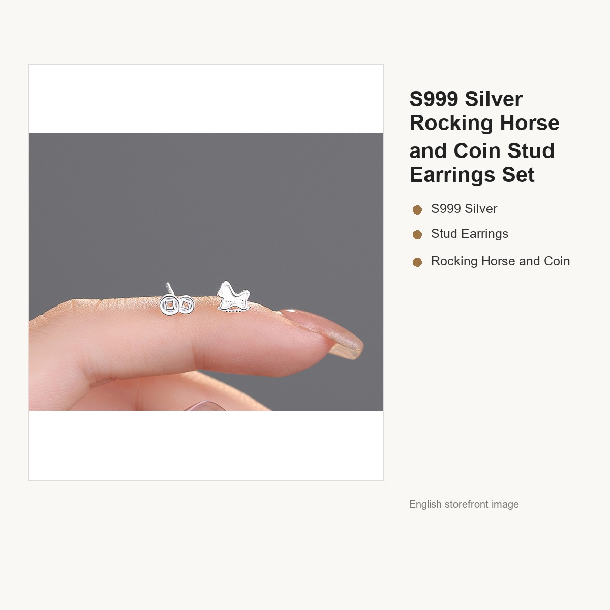 S999 Silver Rocking Horse and Coin Stud Earrings Set gallery image 2