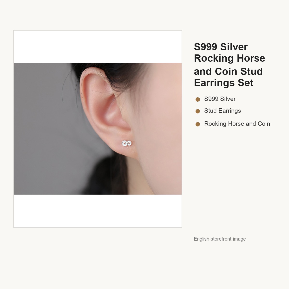 S999 Silver Rocking Horse and Coin Stud Earrings Set gallery image 3