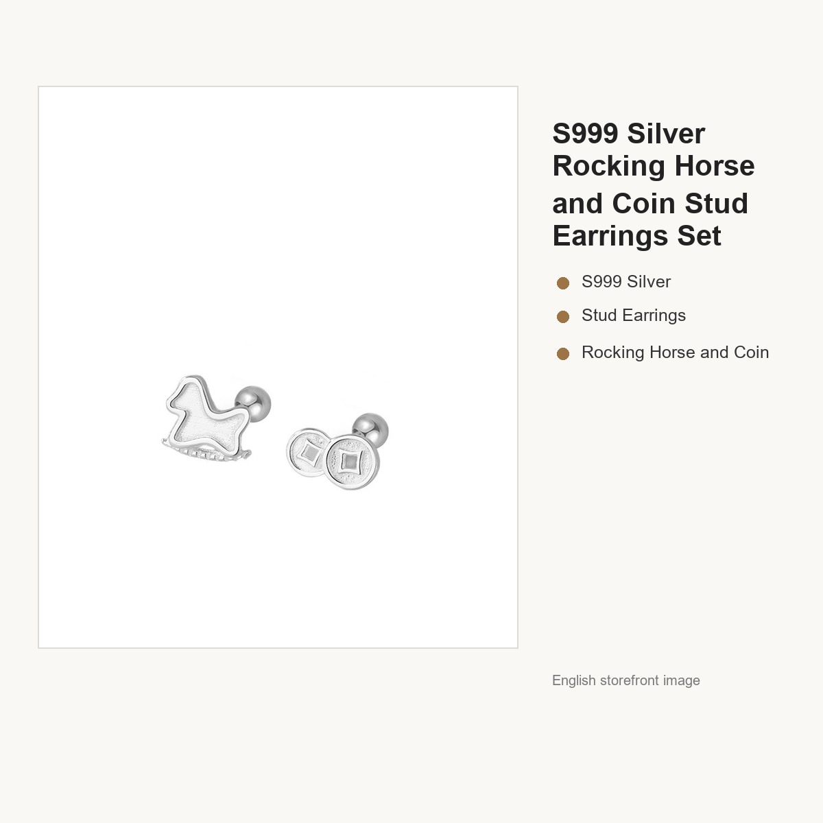S999 Silver Rocking Horse and Coin Stud Earrings Set gallery image 5