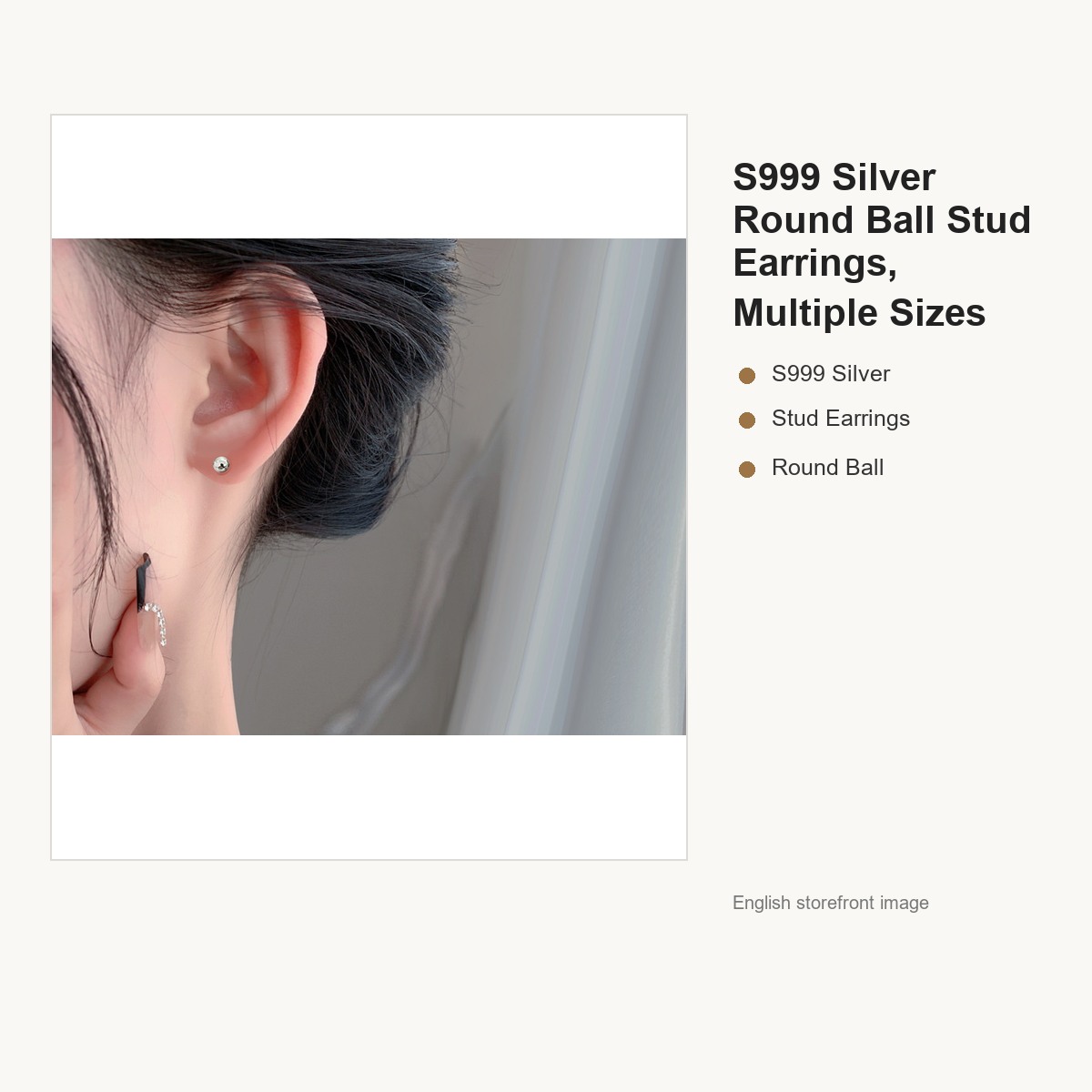S999 Silver Round Ball Stud Earrings, Multiple Sizes gallery image 3