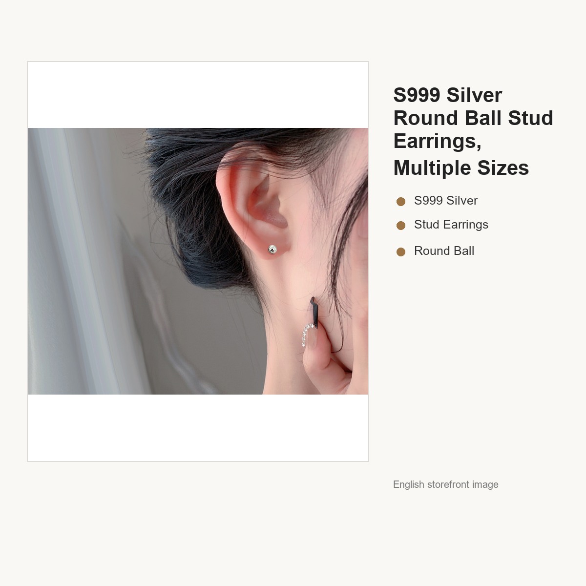 S999 Silver Round Ball Stud Earrings, Multiple Sizes gallery image 4