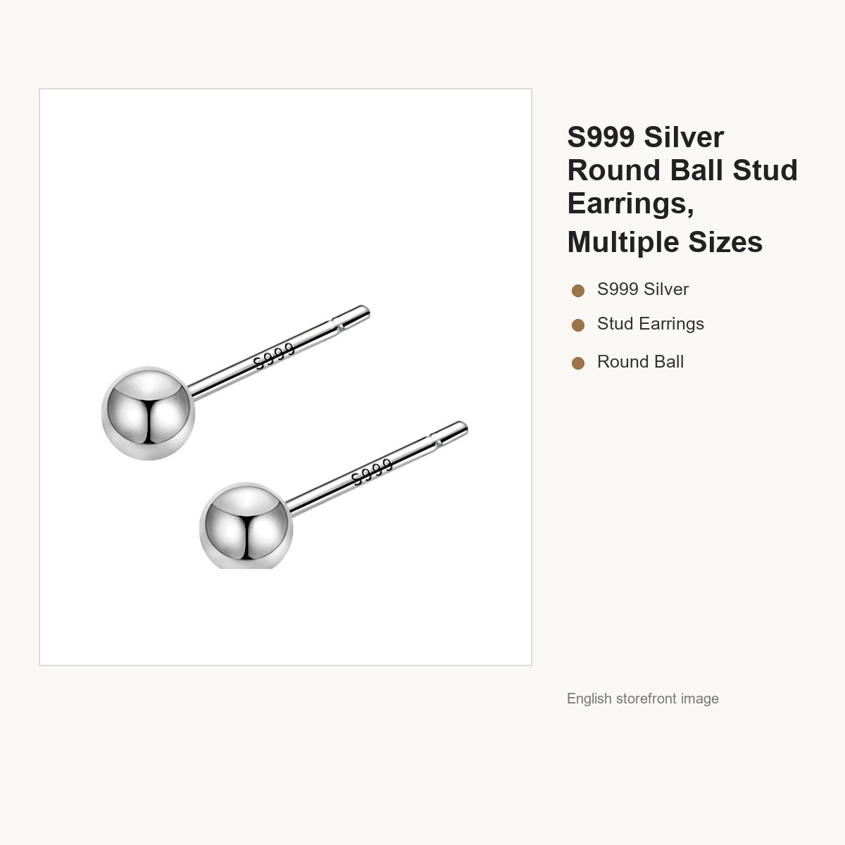 S999 Silver Round Ball Stud Earrings, Multiple Sizes gallery image 5
