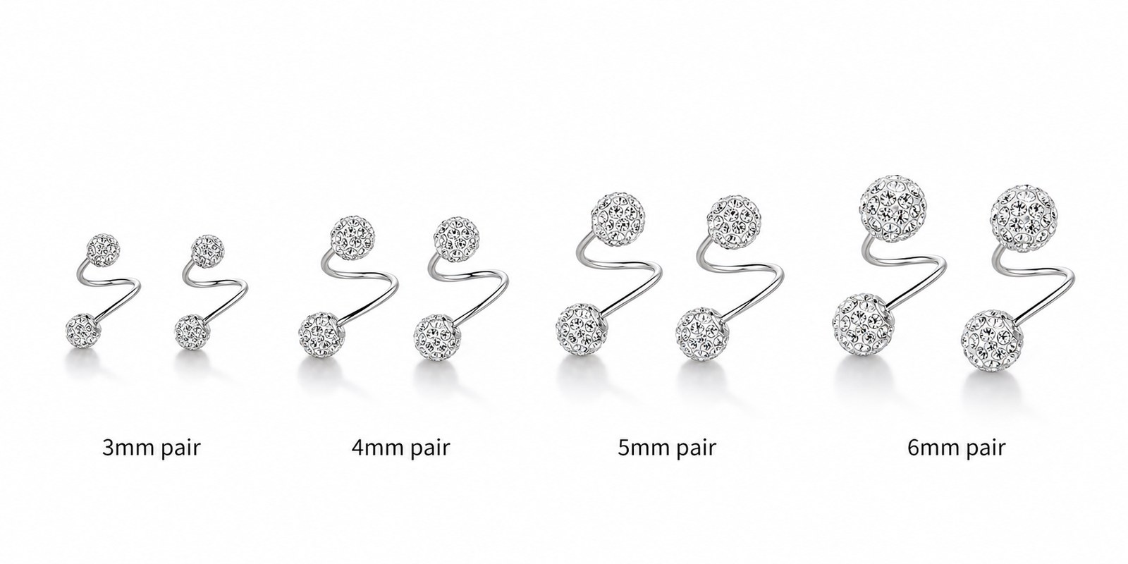 S999 Silver S-Shape CZ Ball Screw Back Stud Earrings, 3mm-6mm Pair detail image